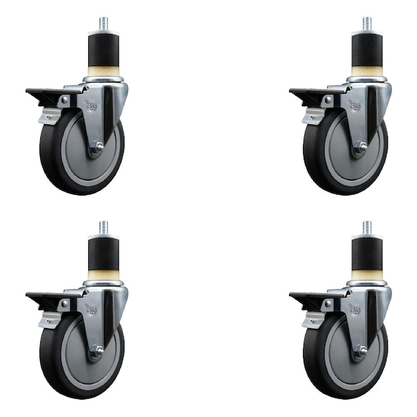 5'' Thermoplastic Rubber Swivel 1-7/8'' Expanding Stem Caster Set with Brake, 4PK